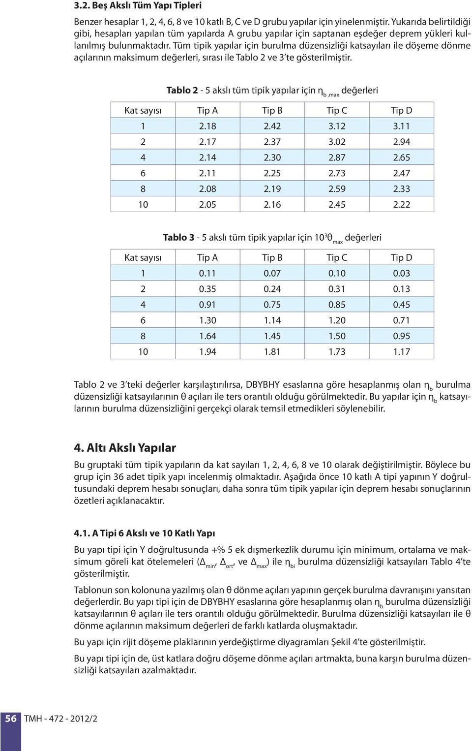 Tüm tipik yapılar için burulma düzensizliği katsayıları ile döşeme dönme açılarının maksimum değerleri, sırası ile Tablo 2 ve 3 te gösterilmiştir.