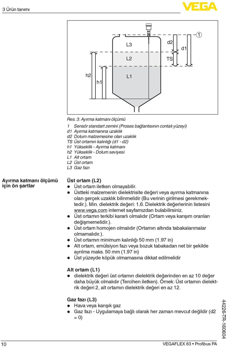 Ayırma katmanı h2 Yükseklik - Dolum seviyesi L1 Alt ortam L2 Üst ortam L3 Gaz fazı Ayırma katmanı ölçümü için ön şartlar Üst ortam (L2) Üst ortam iletken olmayabilir.