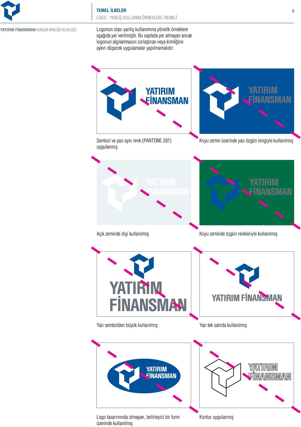 Sembol ve yazı aynı renk (PANTONE 287) uygulanmış Koyu zemin üzerinde yazı özgün rengiyle kullanılmış Açık zeminde dişi kullanılmış Koyu