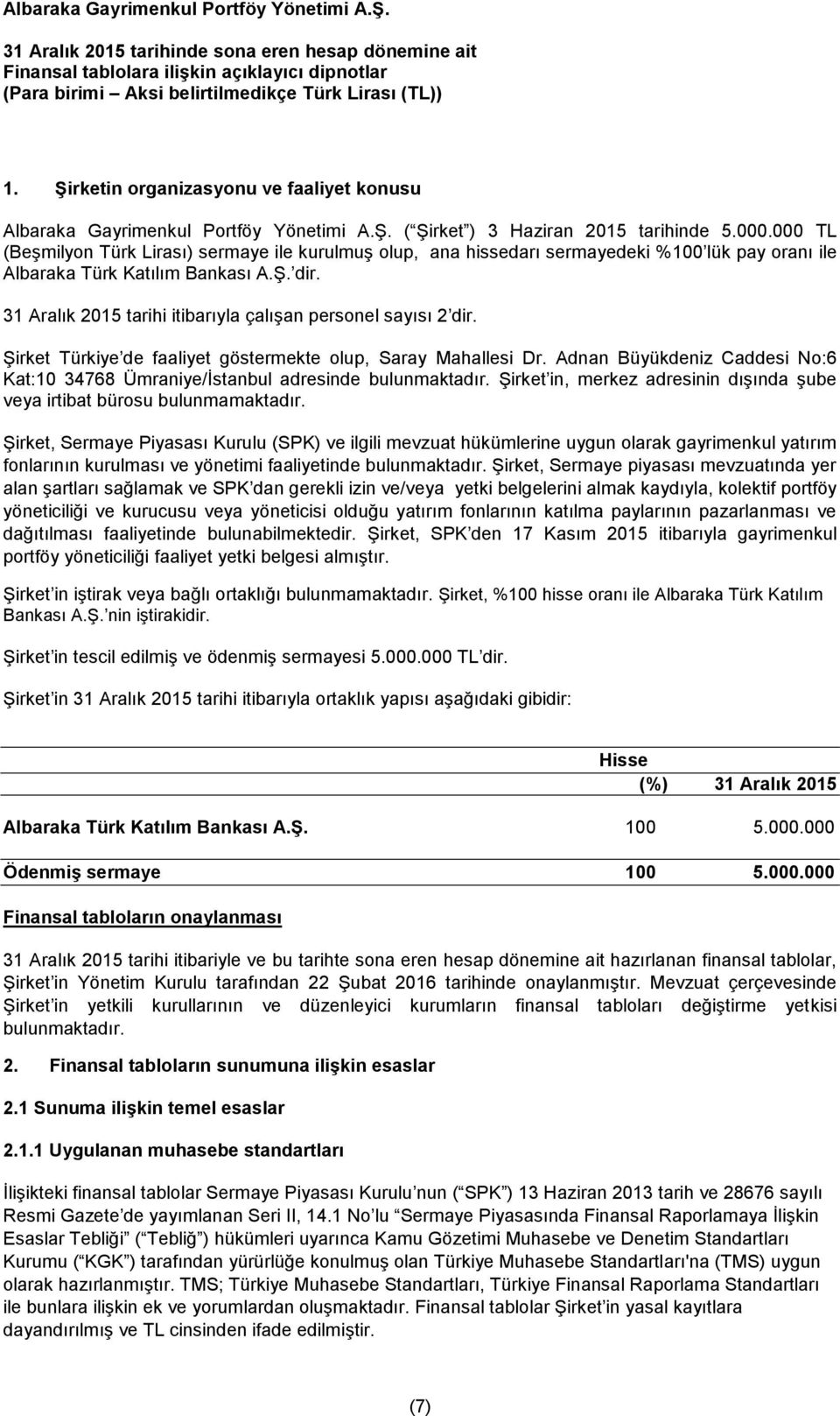 31 Aralık 2015 tarihi itibarıyla çalışan personel sayısı 2 dir. Şirket Türkiye de faaliyet göstermekte olup, Saray Mahallesi Dr.