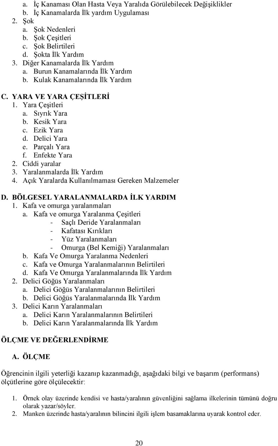 Parçalı Yara f. Enfekte Yara 2. Ciddi yaralar 3. Yaralanmalarda İlk Yardım 4. Açık Yaralarda Kullanılmaması Gereken Malzemeler D. BÖLGESEL YARALANMALARDA İLK YARDIM 1. Kafa ve omurga yaralanmaları a.