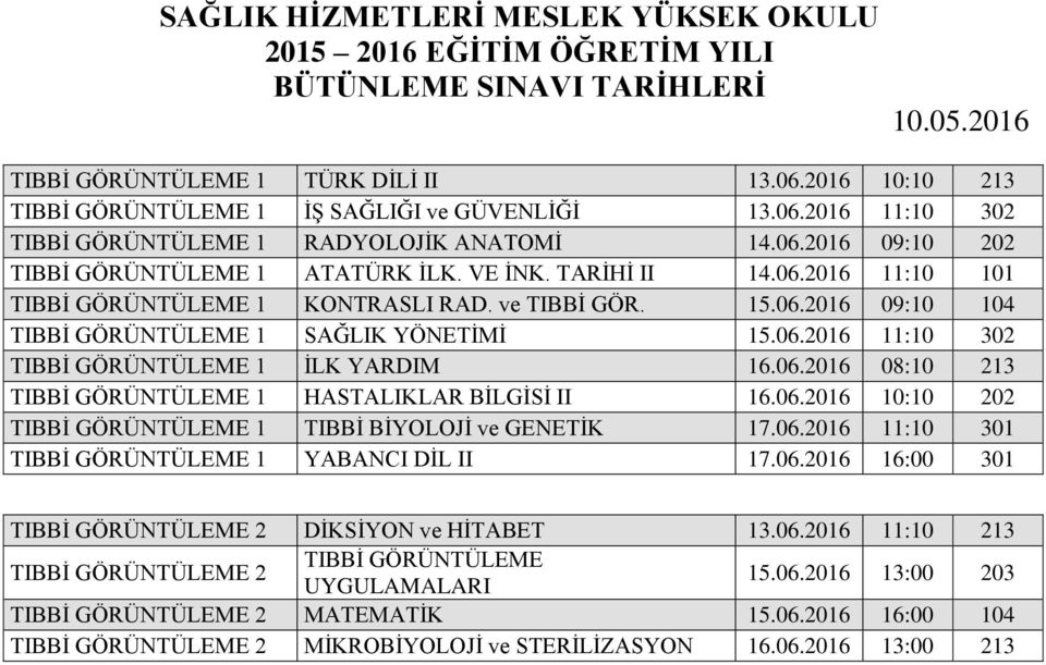 06.2016 08:10 213 TIBBİ GÖRÜNTÜLEME 1 HASTALIKLAR BİLGİSİ II 16.06.2016 10:10 202 TIBBİ GÖRÜNTÜLEME 1 TIBBİ BİYOLOJİ ve GENETİK 17.06.2016 11:10 301 TIBBİ GÖRÜNTÜLEME 1 YABANCI DİL II 17.06.2016 16:00 301 TIBBİ GÖRÜNTÜLEME 2 DİKSİYON ve HİTABET 13.