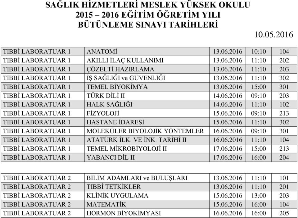 06.2016 09:10 213 TIBBİ LABORATUAR 1 HASTANE İDARESİ 15.06.2016 11:10 302 TIBBİ LABORATUAR 1 MOLEKÜLER BİYOLOJİK YÖNTEMLER 16.06.2016 09:10 301 TIBBİ LABORATUAR 1 ATATÜRK İLK. VE İNK. TARİHİ II 16.06.2016 11:10 104 TIBBİ LABORATUAR 1 TEMEL MİKROBİYOLOJİ II 17.