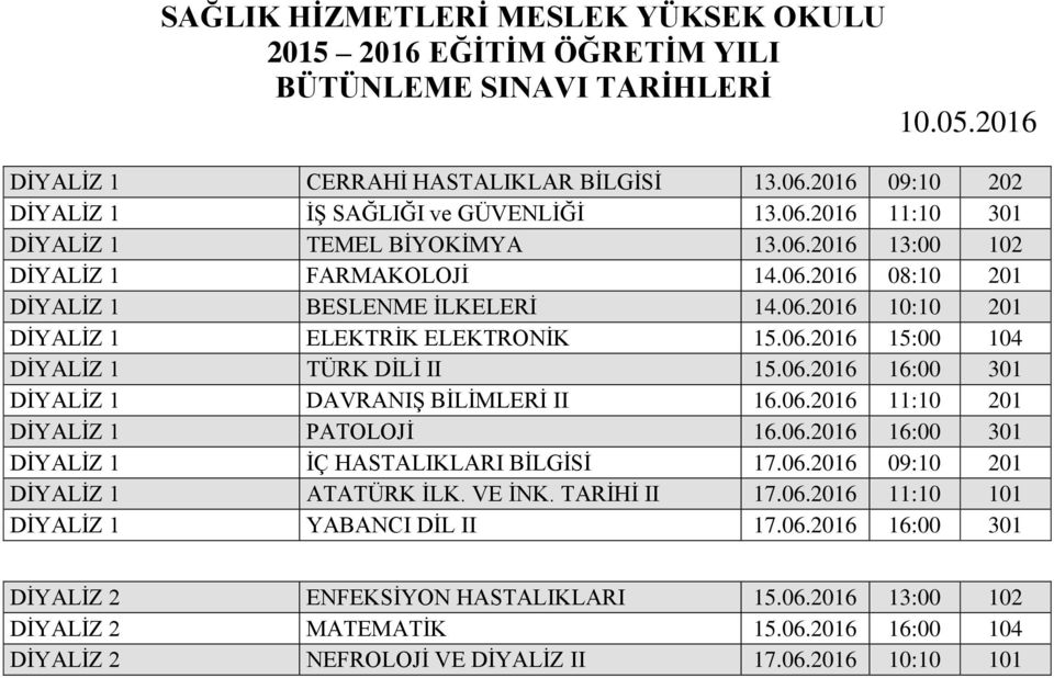 06.2016 16:00 301 DİYALİZ 1 İÇ HASTALIKLARI BİLGİSİ 17.06.2016 09:10 201 DİYALİZ 1 ATATÜRK İLK. VE İNK. TARİHİ II 17.06.2016 11:10 101 DİYALİZ 1 YABANCI DİL II 17.06.2016 16:00 301 DİYALİZ 2 ENFEKSİYON HASTALIKLARI 15.