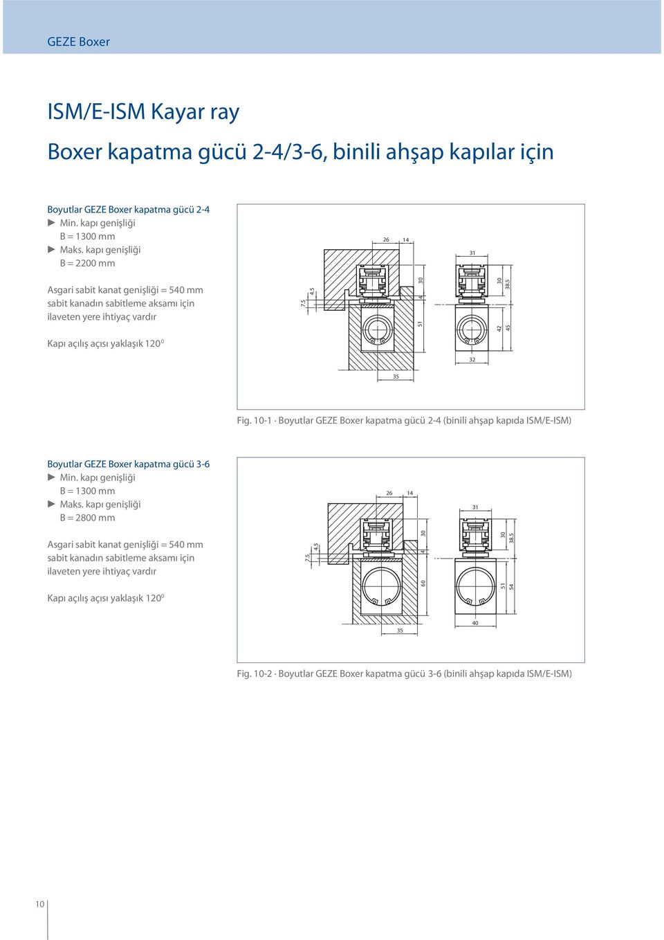 5 Kapı açılış açısı yaklaşık 1 0 32 35 Fig. 10-1 Boyutlar GEZE Boxer kapatma gücü 2-4 (binili ahşap kapıda ISM/E-ISM) Boyutlar GEZE Boxer kapatma gücü 3-6 c Min. kapı genişliği B = 1300 mm c Maks.