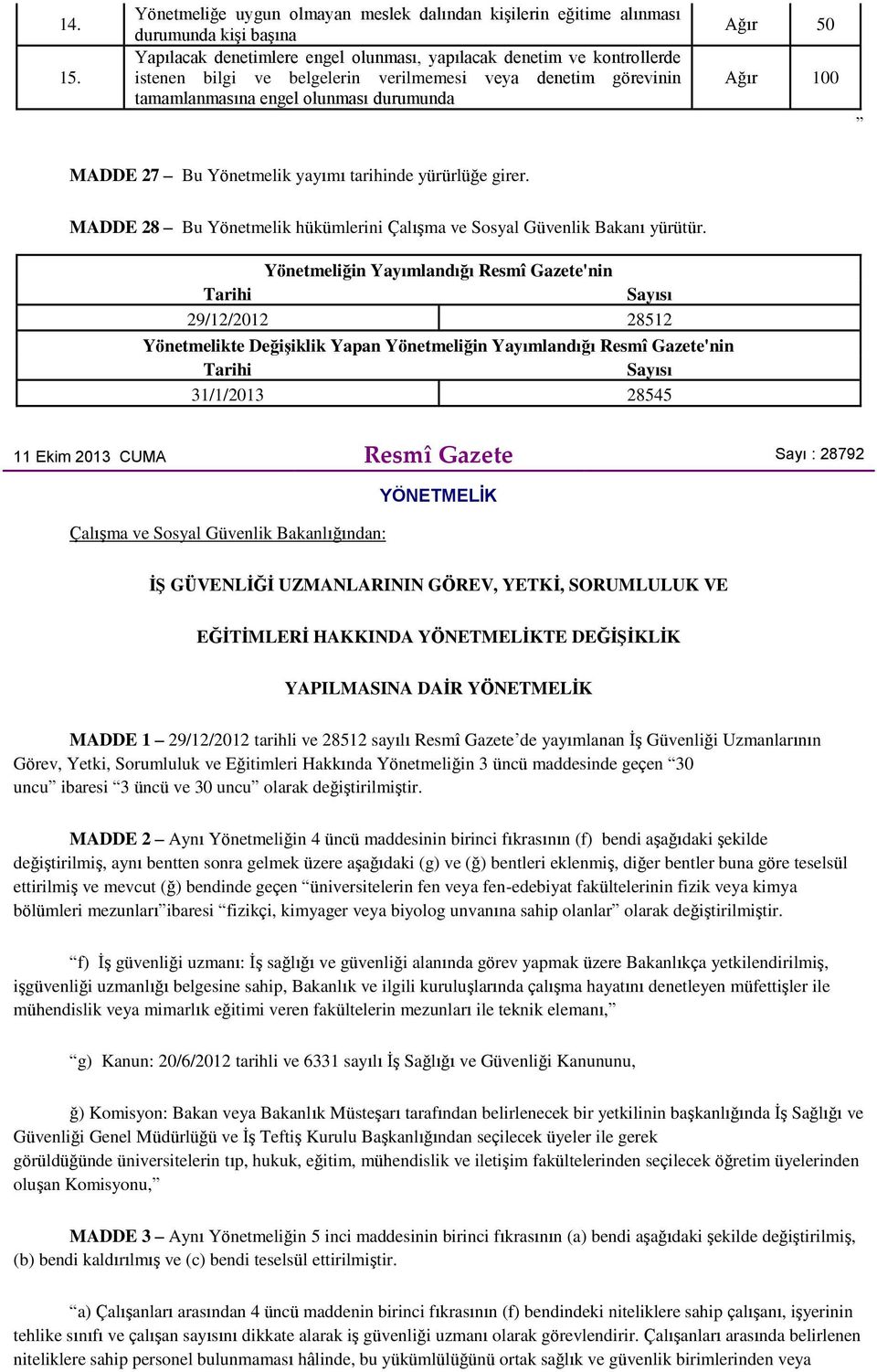 verilmemesi veya denetim görevinin tamamlanmasına engel olunması durumunda Ağır 100 MADDE 27 Bu Yönetmelik yayımı tarihinde yürürlüğe girer.