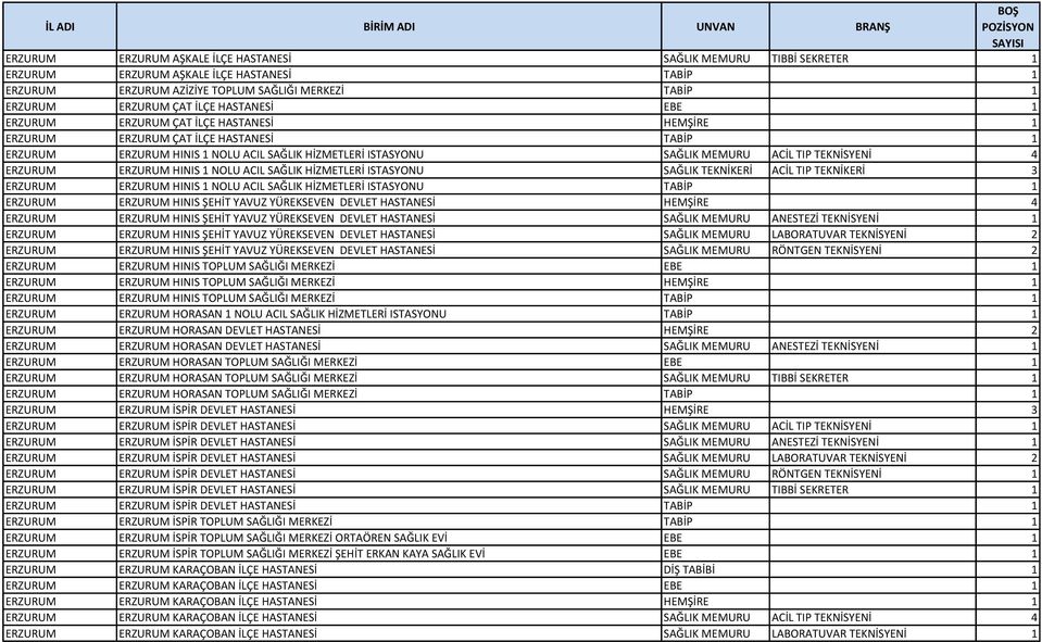 4 ERZURUM ERZURUM HINIS 1 NOLU ACIL SAĞLIK HİZMETLERİ ISTASYONU SAĞLIK TEKNİKERİ ACİL TIP TEKNİKERİ 3 ERZURUM ERZURUM HINIS 1 NOLU ACIL SAĞLIK HİZMETLERİ ISTASYONU TABİP 1 ERZURUM ERZURUM HINIS ŞEHİT