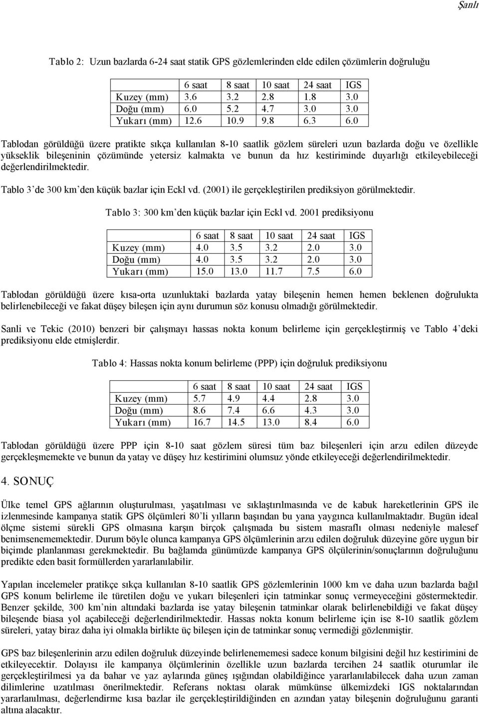 duyarlığı etkileyebileceği değerlendirilmektedir. Tablo 3 de 300 km den küçük bazlar için Eckl vd. (2001) ile gerçekleştirilen prediksiyon görülmektedir. Tablo 3: 300 km den küçük bazlar için Eckl vd.