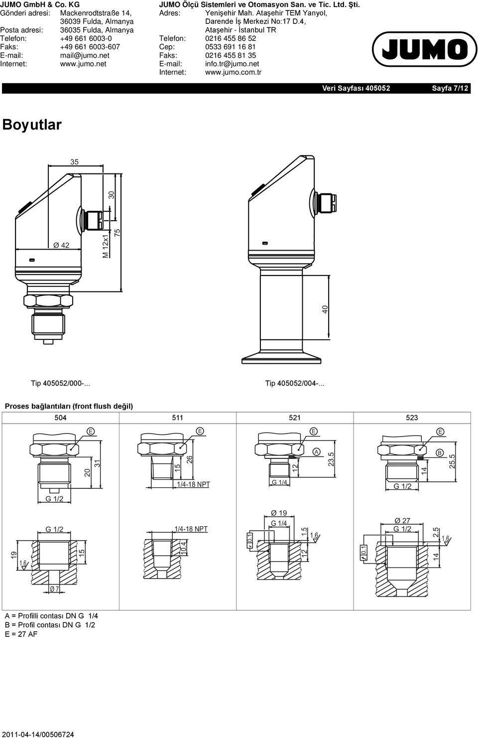 .. Proses bağlantıları (front flush değil) 504 511 521 523 E E E E 20 31 15 26 12 A 23.