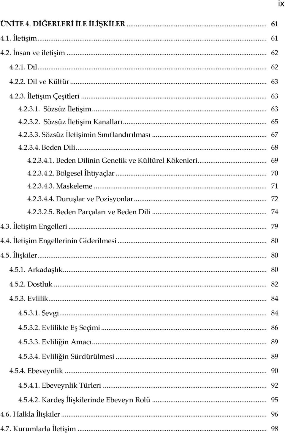 .. 71 4.2.3.4.4. Duruşlar ve Pozisyonlar... 72 4.2.3.2.5. Beden Parçaları ve Beden Dili... 74 4.3. İletişim Engelleri... 79 4.4. İletişim Engellerinin Giderilmesi... 80 4.5. İlişkiler... 80 4.5.1. Arkadaşlık.