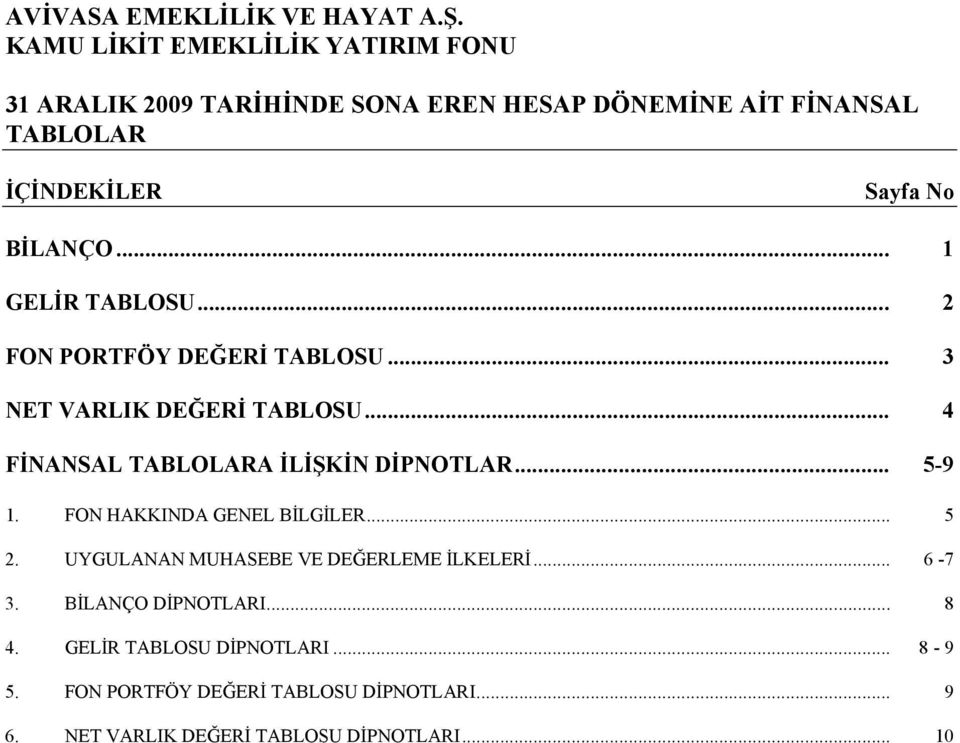 FON HAKKINDA GENEL BİLGİLER... 5 2. UYGULANAN MUHASEBE VE DEĞERLEME İLKELERİ... 6-7 3. BİLANÇO DİPNOTLARI... 8 4.