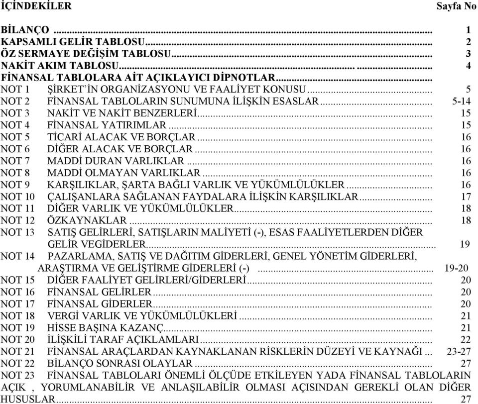 .. 15 NOT 5 TİCARİ ALACAK VE BORÇLAR... 16 NOT 6 DİĞER ALACAK VE BORÇLAR... 16 NOT 7 MADDİ DURAN VARLIKLAR... 16 NOT 8 MADDİ OLMAYAN VARLIKLAR.