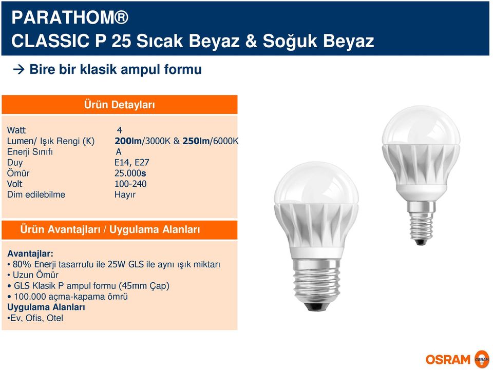 000s Volt 0-240 Dim edilebilme Hayır Ürün Avantajları / Uygulama Alanları Avantajlar: 80% Enerji tasarrufu