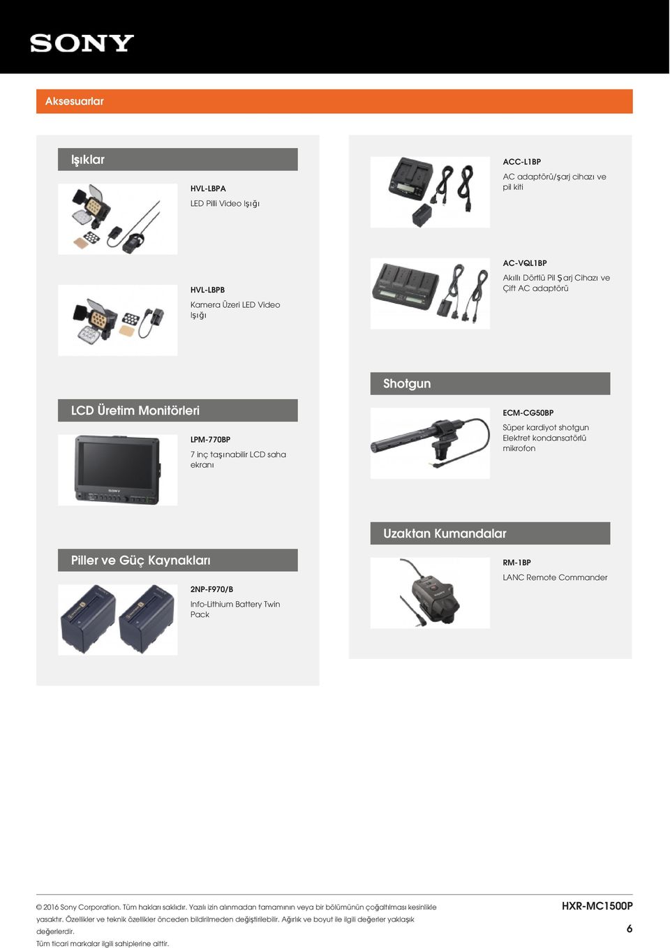 Kaynakları 2NP-F970/B Info-Lithium Battery Twin Pack RM-1BP LANC Remote Commander 2016 Sony Corporation. Tüm hakları saklıdır.