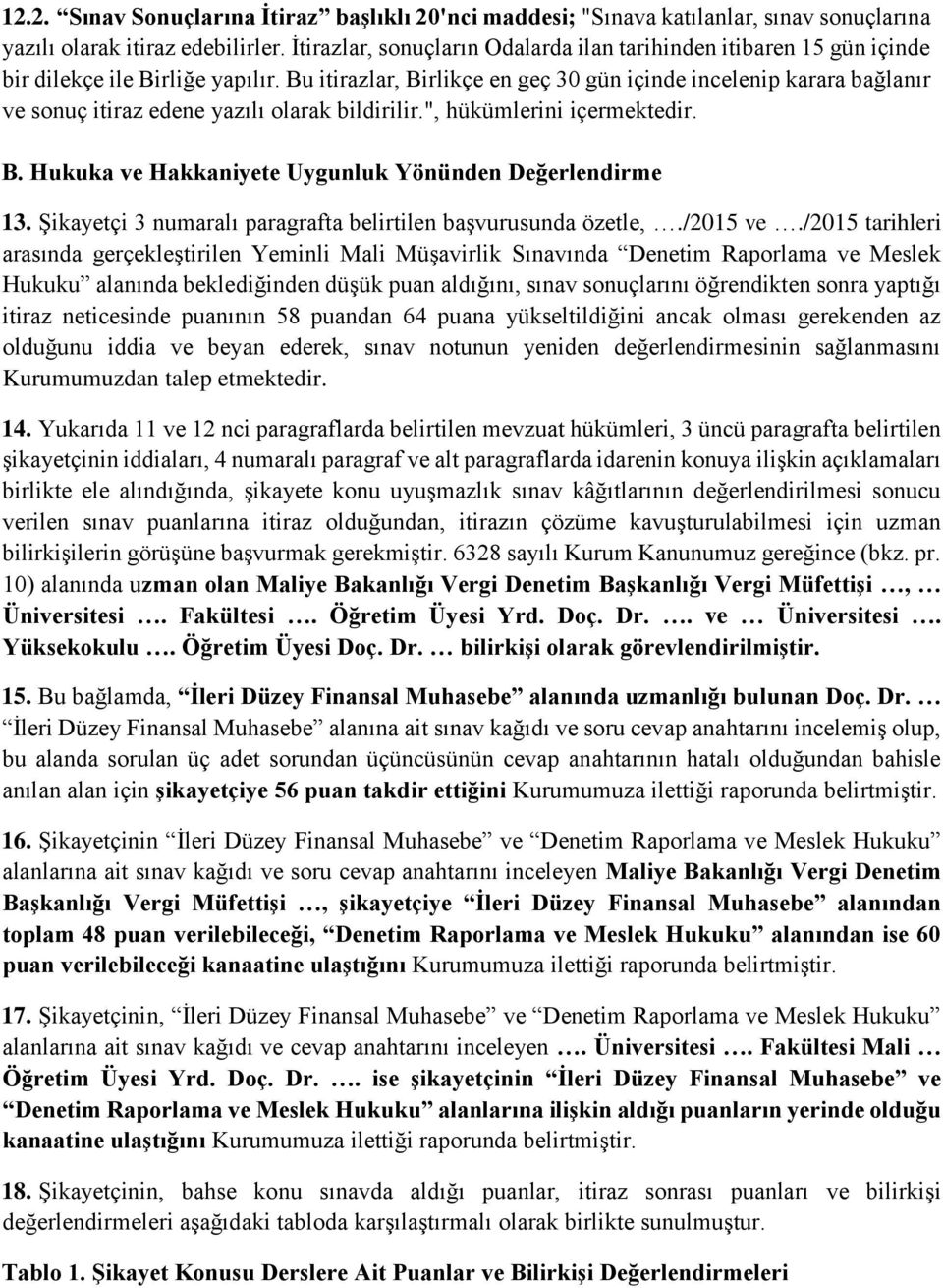 Bu itirazlar, Birlikçe en geç 30 gün içinde incelenip karara bağlanır ve sonuç itiraz edene yazılı olarak bildirilir.", hükümlerini içermektedir. B. Hukuka ve Hakkaniyete Uygunluk Yönünden Değerlendirme 13.