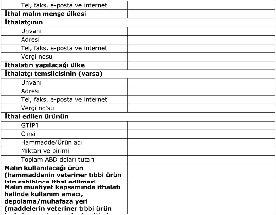 birimi Toplam ABD doları tutarı Malın kullanılacağı ürün (hammaddenin veteriner tıbbi ürün izin sahibince ithal edilmesi durumunda) Malın muafiyet