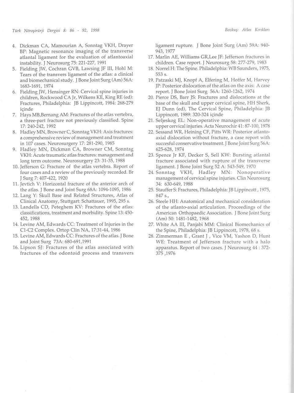 Fielding JW, Cochran GVB, Lawsing JF ll, Hohl M: Tears of the transvers ligament of the atlas: a clinical and biomechanical study. J Bone Joint Surg (Am) 56A: 1683-1691,1974 6.