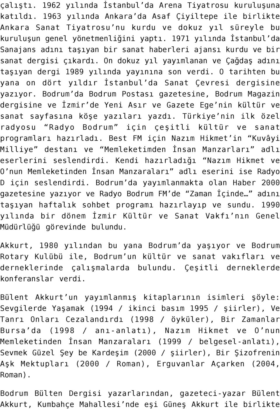 1971 yılında İstanbul da Sanajans adını taşıyan bir sanat haberleri ajansı kurdu ve bir sanat dergisi çıkardı. On dokuz yıl yayımlanan ve Çağdaş adını taşıyan dergi 1989 yılında yayınına son verdi.