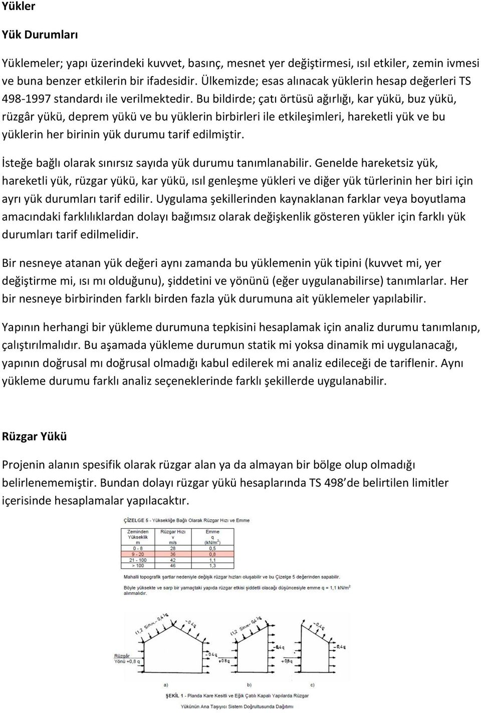 Bu bildirde; çatı örtüsü ağırlığı, kar yükü, buz yükü, rüzgâr yükü, deprem yükü ve bu yüklerin birbirleri ile etkileşimleri, hareketli yük ve bu yüklerin her birinin yük durumu tarif edilmiştir.