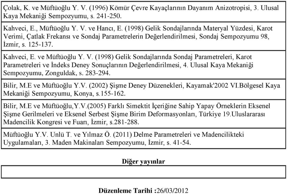 Ulusal Kaya Mekaniği Sempozyumu, Zonguldak, s. 283-294. Bilir, M.E ve Müftüoğlu Y.V. (2002) Şişme Deney Düzenekleri, Kayamak'2002 VI.Bölgesel Kaya Mekaniği Sempozyumu, Konya, s.155-162. Bilir, M.E ve Müftüoğlu,Y.