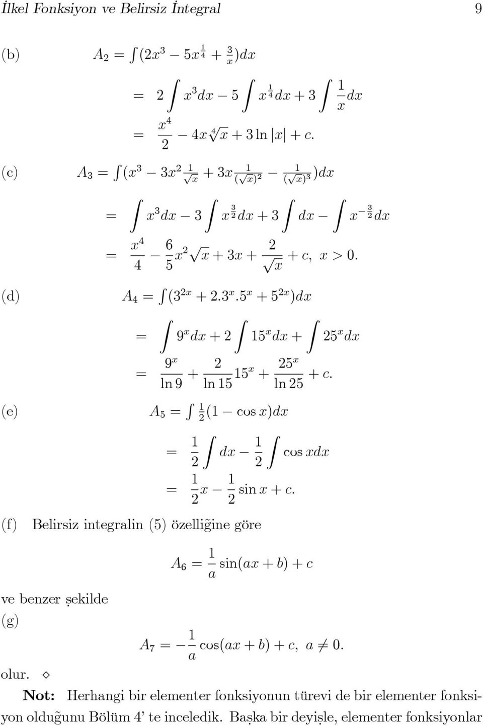 cos d sin + c: Belirsiz integralin (5) özelli gine göre A 6 sin(a + b) + c a 5 d ve benzer ṣekilde (g) A 7 cos(a + b) + c; a 6 0: a olur.