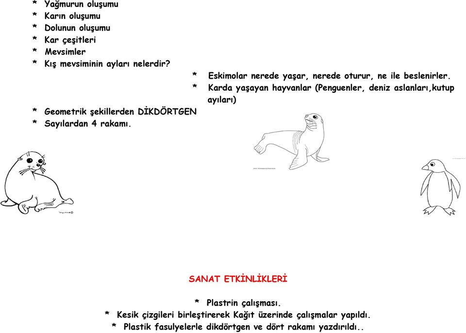 * Karda yaşayan hayvanlar (Penguenler, deniz aslanları,kutup ayıları) * Geometrik şekillerden DİKDÖRTGEN * Sayılardan