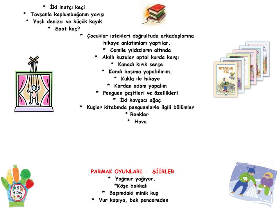 * Cemile yıldızların altında * Akıllı kuzular aptal kurda karşı * Kanadı kırık serçe * Kendi başıma yapabilirim.