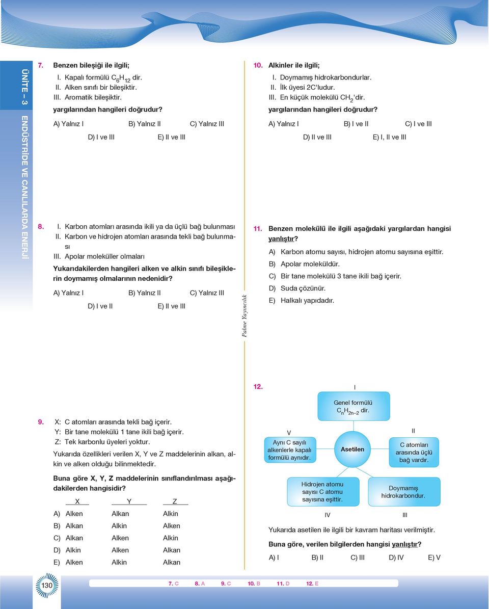 D) I ve II E) II ve III 10. Alkinler ile ilgili; I. Doymamış hidrokarbondurlar. II. İlk üyesi 2C'ludur. III. En küçük molekülü C 2 'dir. 11.