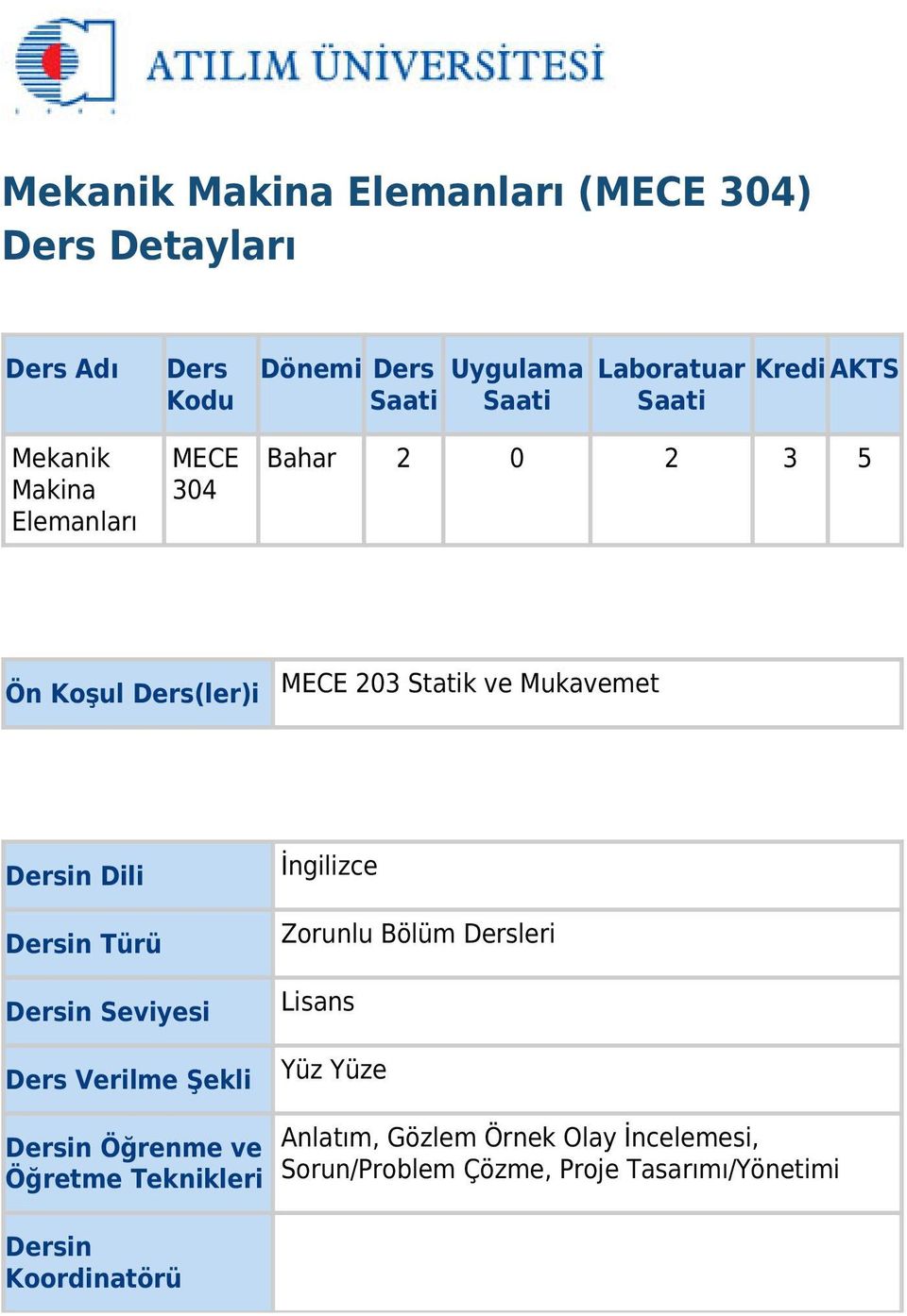 Dersin Dili Dersin Türü Dersin Seviyesi Ders Verilme Şekli İngilizce Zorunlu Bölüm Dersleri Lisans Yüz Yüze Dersin