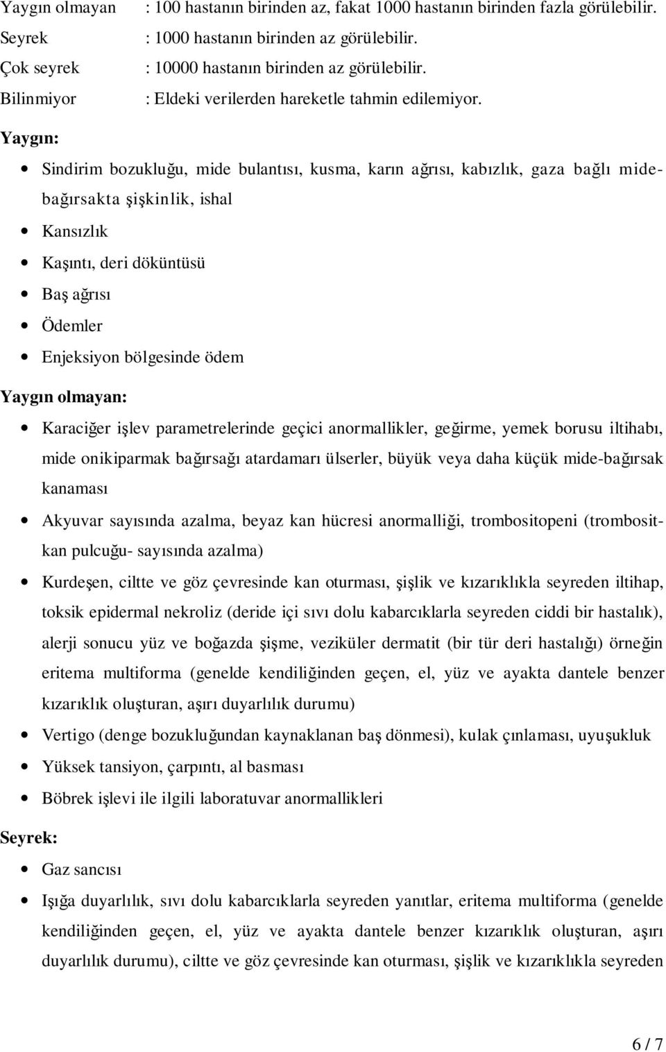 Yaygın: Sindirim bozukluğu, mide bulantısı, kusma, karın ağrısı, kabızlık, gaza bağlı midebağırsakta şişkinlik, ishal Kansızlık Kaşıntı, deri döküntüsü Baş ağrısı Ödemler Enjeksiyon bölgesinde ödem