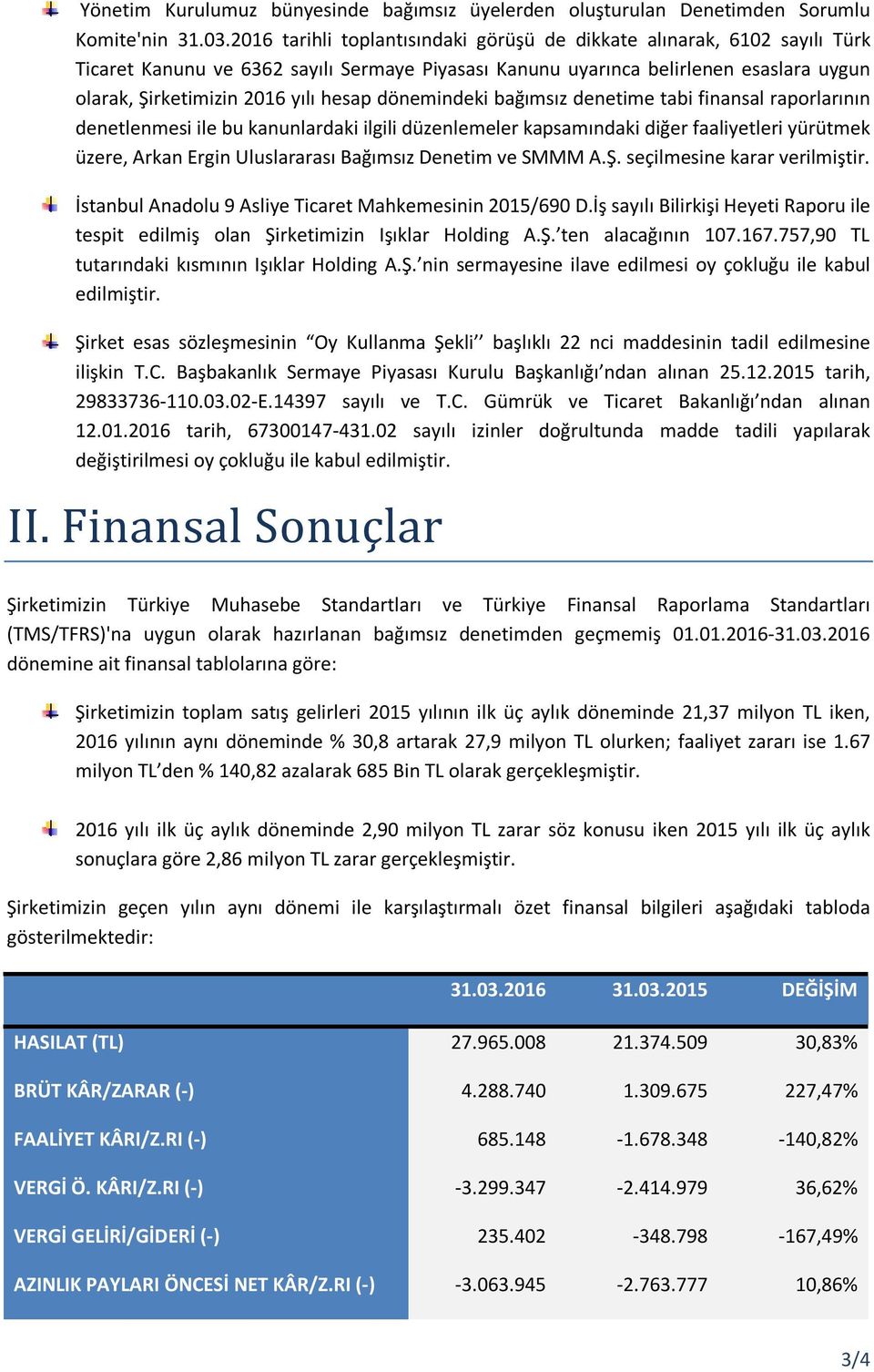 dönemindeki bağımsız denetime tabi finansal raporlarının denetlenmesi ile bu kanunlardaki ilgili düzenlemeler kapsamındaki diğer faaliyetleri yürütmek üzere, Arkan Ergin Uluslararası Bağımsız Denetim