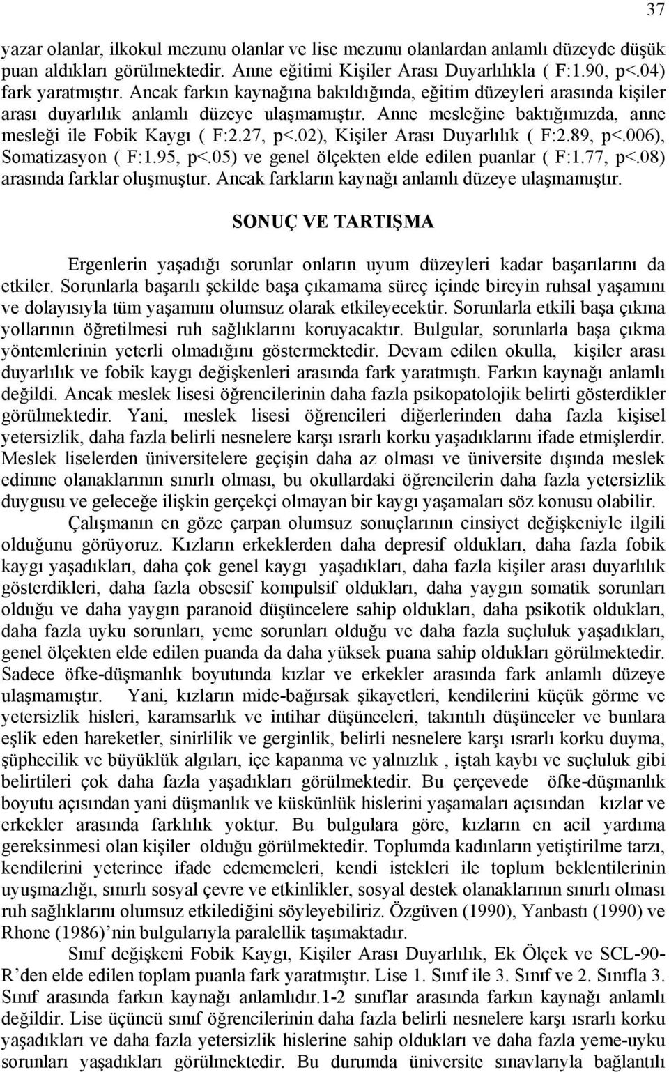 02), Kişiler Arası Duyarlılık ( F:2.89, p<.006), Somatizasyon ( F:1.95, p<.05) ve genel ölçekten elde edilen puanlar ( F:1.77, p<.08) arasında farklar oluşmuştur.