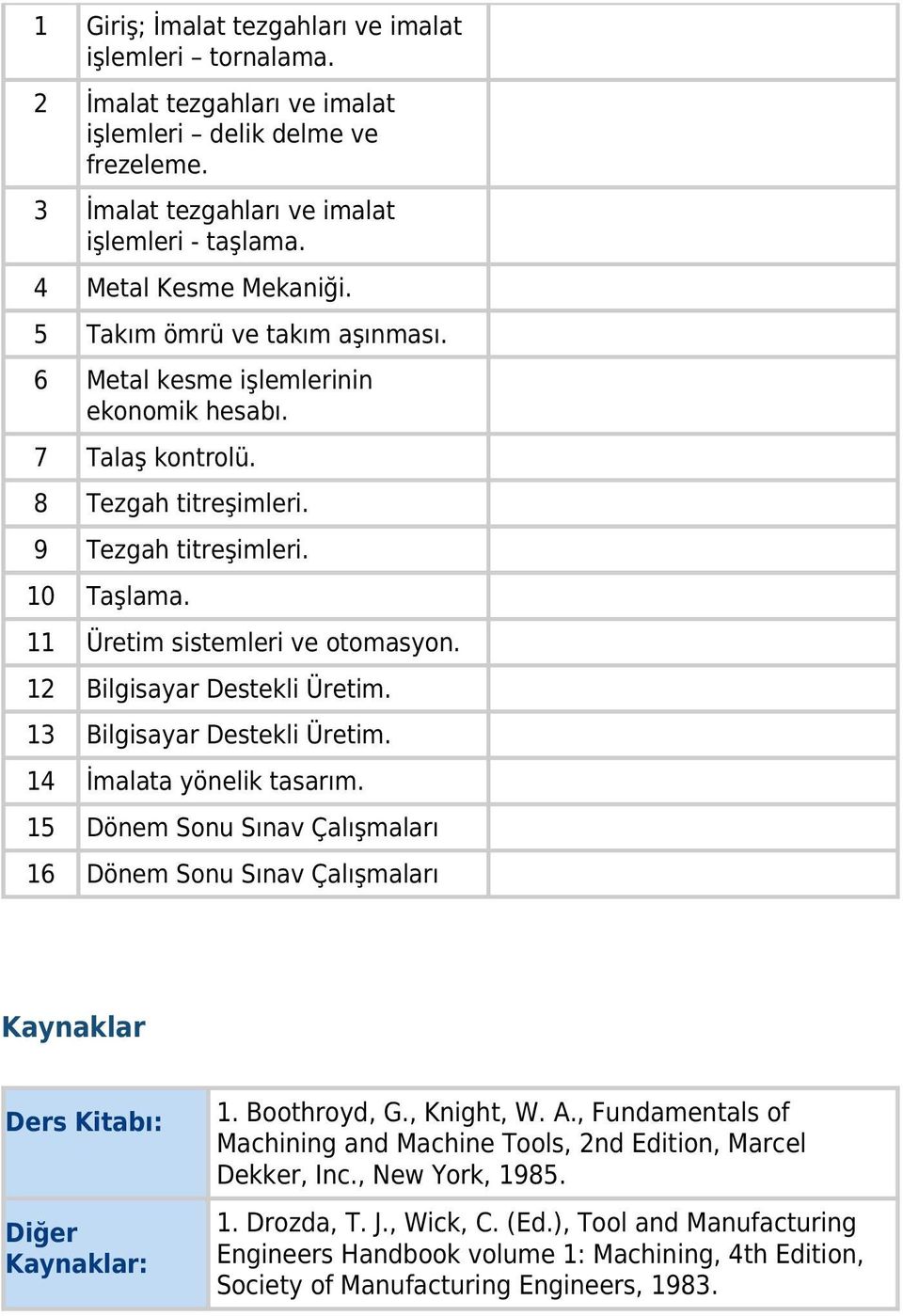 12 Bilgisayar Destekli Üretim. 13 Bilgisayar Destekli Üretim. 14 İmalata yönelik tasarım. 15 Dönem Sonu Sınav Çalışmaları 16 Dönem Sonu Sınav Çalışmaları Kaynaklar Ders Kitabı: Diğer Kaynaklar: 1.