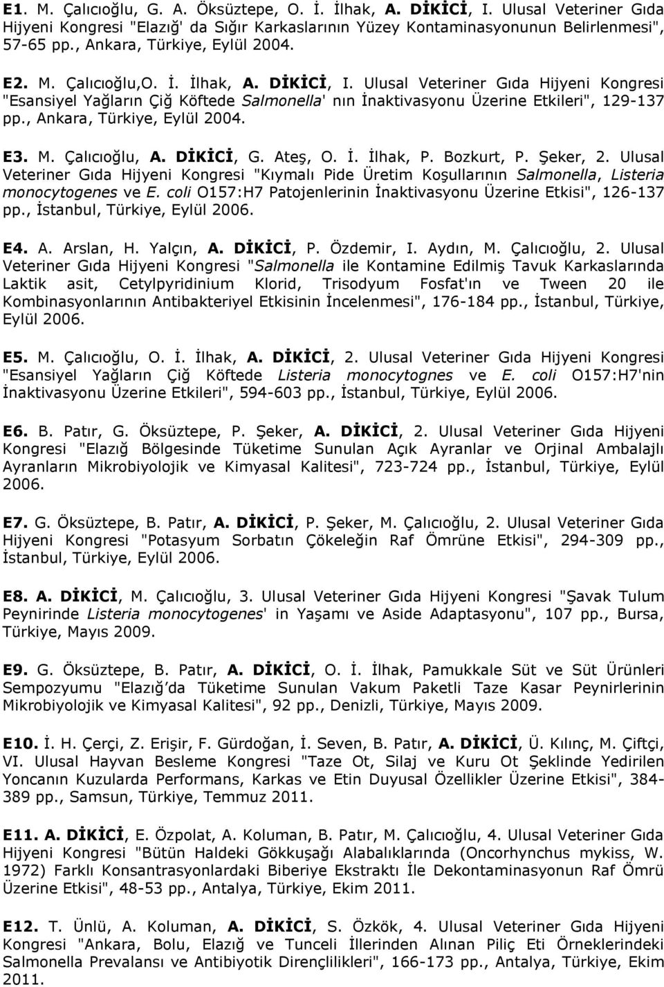 Ulusal Veteriner Gıda Hijyeni Kongresi "Esansiyel Yağların Çiğ Köftede Salmonella' nın İnaktivasyonu Üzerine Etkileri", 129-137 pp., Ankara, Türkiye, Eylül 2004. E3. M. Çalıcıoğlu, A. DİKİCİ, G.