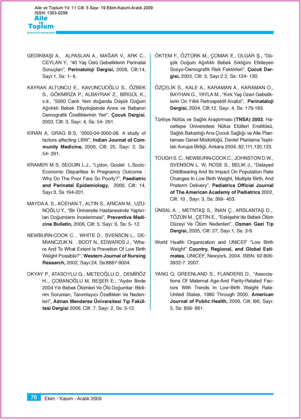 , 5000 Canlı Yeni doğanda Düşük Doğum Ağırlıklı Bebek Etiyolojisinde Anne Babanın Demografik Özelliklerinin Yeri, Çocuk Dergisi, 2003, Cilt: 3, Sayı: 4, Ss: 54-261. KIRAN A, GRAG B.S, 2000-04-2000-06.