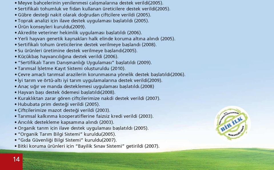 Akredite veteriner hekimlik uygulaması başlatıldı (2006). Yerli hayvan genetik kaynakları halk elinde koruma altına alındı (2005). Sertifikalı tohum üreticilerine destek verilmeye başlandı (2008).