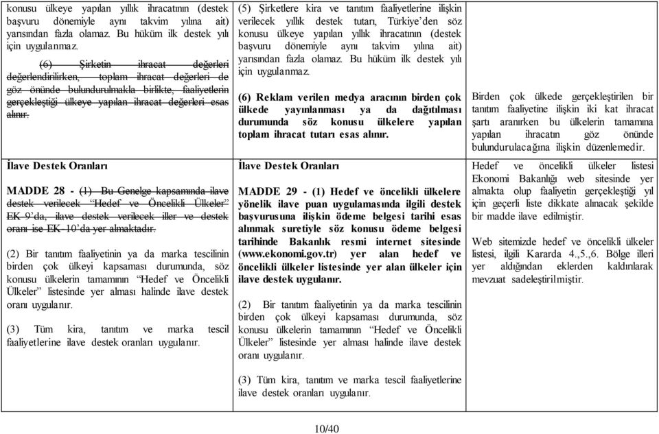 İlave Destek Oranları MADDE 28 - (1) Bu Genelge kapsamında ilave destek verilecek Hedef ve Öncelikli Ülkeler EK-9 da, ilave destek verilecek iller ve destek oranı ise EK-10 da yer almaktadır.