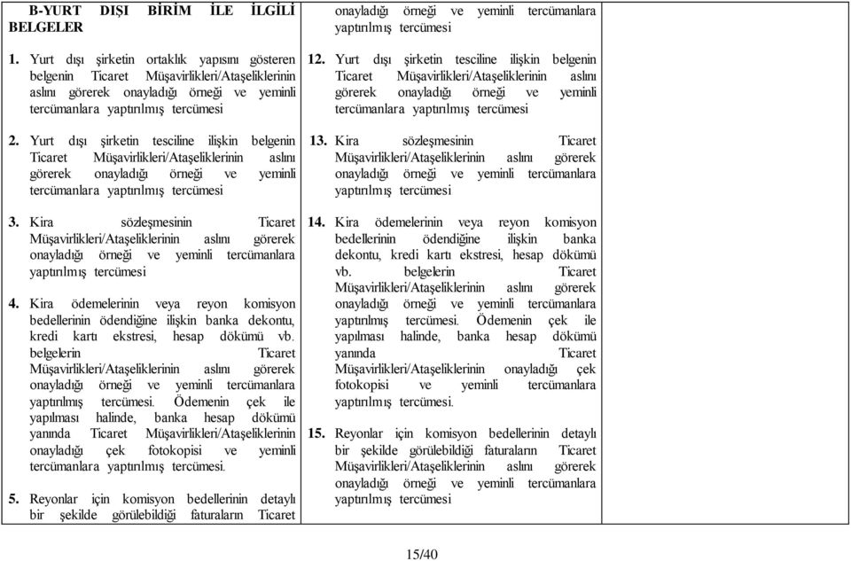 Yurt dışı şirketin tesciline ilişkin belgenin Ticaret Müşavirlikleri/Ataşeliklerinin aslını görerek onayladığı örneği ve yeminli tercümanlara yaptırılmış tercümesi 3.