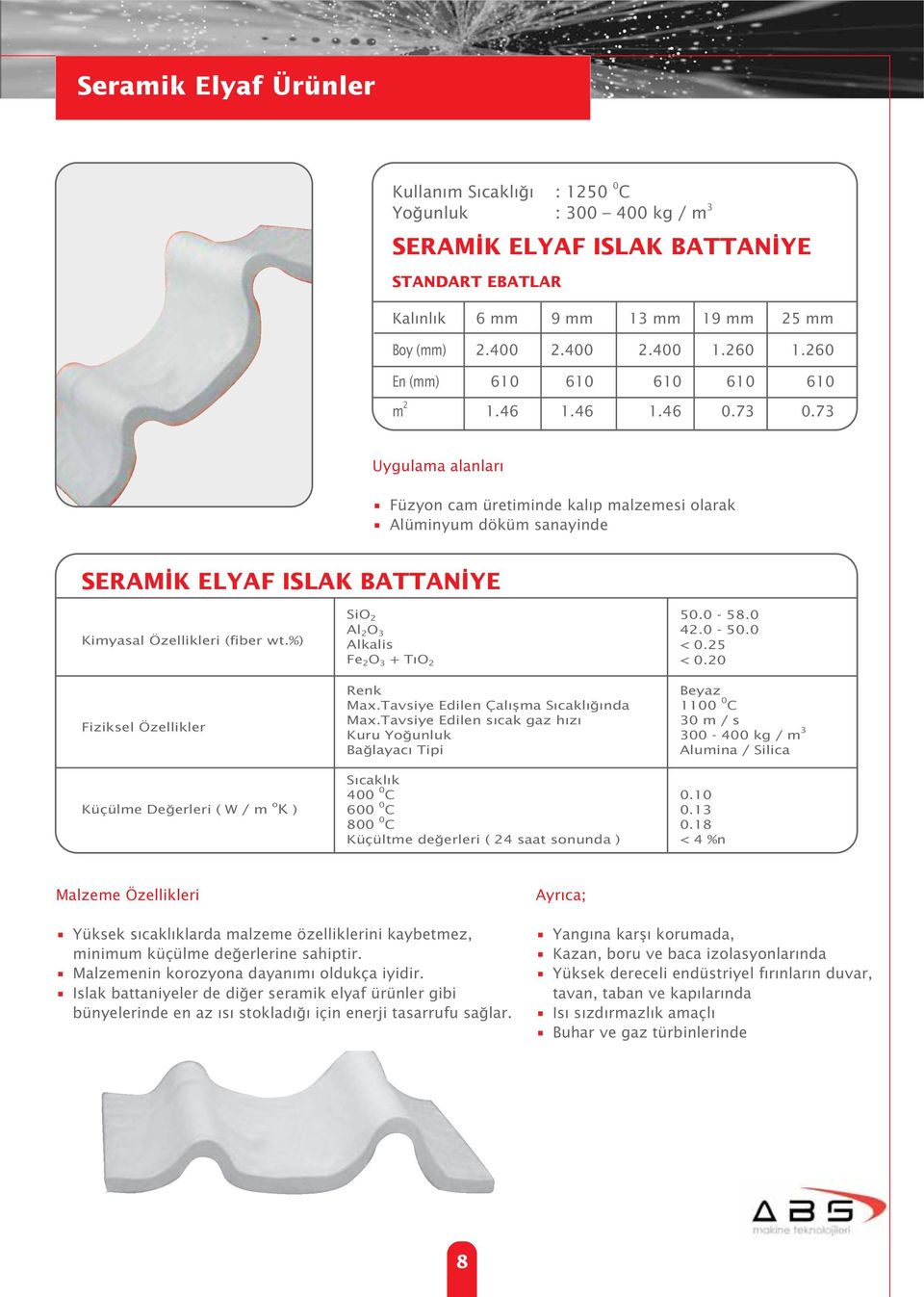 %) Fiziksel Özellikler Küçülme De erleri ( W / m o K ) SiO 2 Al 2 O 3 Alkalis Fe 2 O 3 + T O 2 Max.Tavsiye Edilen Çal flma S cakl nda Max.