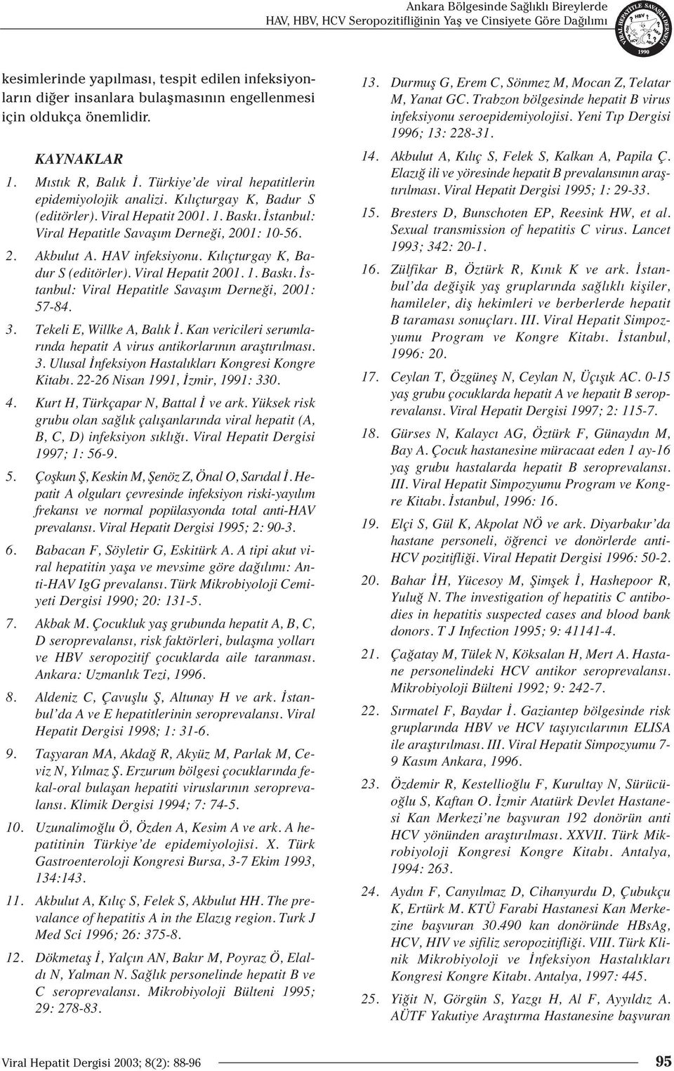 HAV infeksiyonu. K l çturgay K, Badur S (editörler). Viral Hepatit 2001. 1. Bask. İstanbul: Viral Hepatitle Savaş m Derneği, 2001: 57-84. 3. Tekeli E, Willke A, Bal k İ.