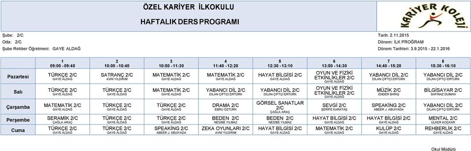 /C YABANCI DİL /C Salı TÜRKÇE /C TÜRKÇE /C MATEMATİK /C YABANCI DİL /C YABANCI DİL /C ETKİNLİKLER /C MÜZİK /C BİLGİSAYAR /C Çarşamba MATEMATİK /C TÜRKÇE /C TÜRKÇE