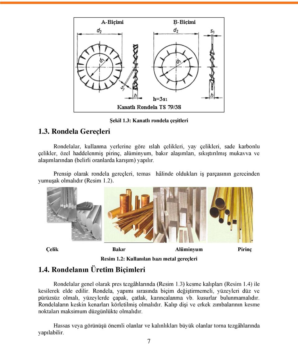 alaģımlarından (belirli oranlarda karıģım) yapılır. Prensip olarak rondela gereçleri, temas hâlinde oldukları iģ parçasının gerecinden yumuģak olmalıdır (Resim 1.2). Çelik Bakır Alüminyum Pirinç 1.4.