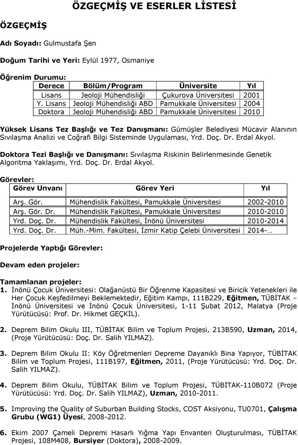 Lisans Jeoloji Mühendisliği ABD Pamukkale Üniversitesi 2004 Doktora Jeoloji Mühendisliği ABD Pamukkale Üniversitesi 2010 Yüksek Lisans Tez Başlığı ve Tez Danışmanı: Gümüşler Belediyesi Mücavir