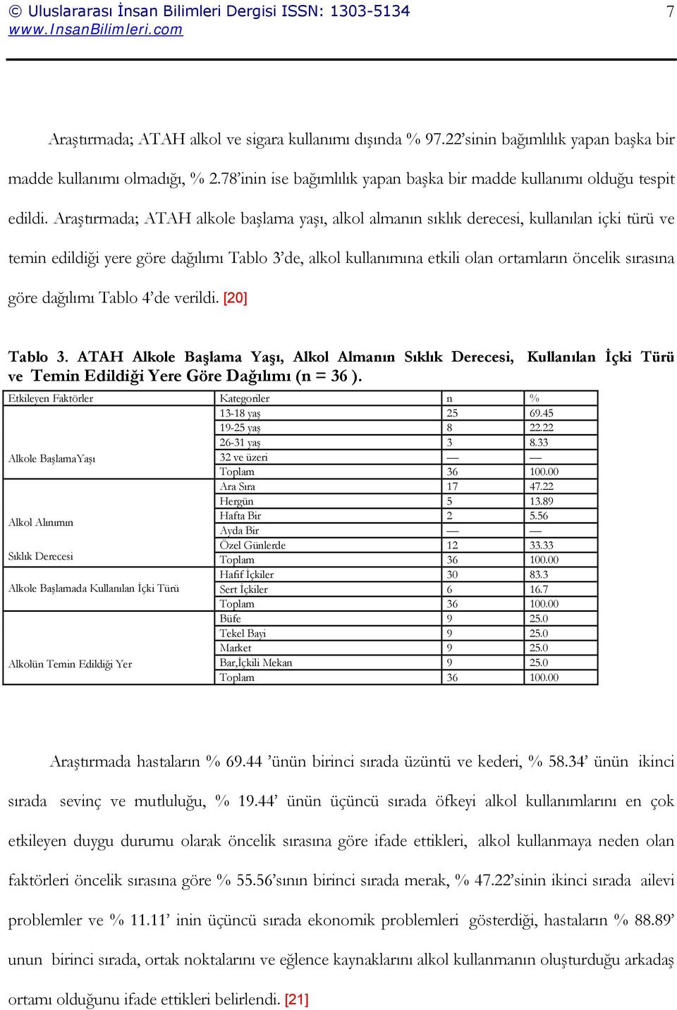 Araştırmada; ATAH alkole başlama yaşı, alkol almanın sıklık derecesi, kullanılan içki türü ve temin edildiği yere göre dağılımı Tablo 3 de, alkol kullanımına etkili olan ortamların öncelik sırasına