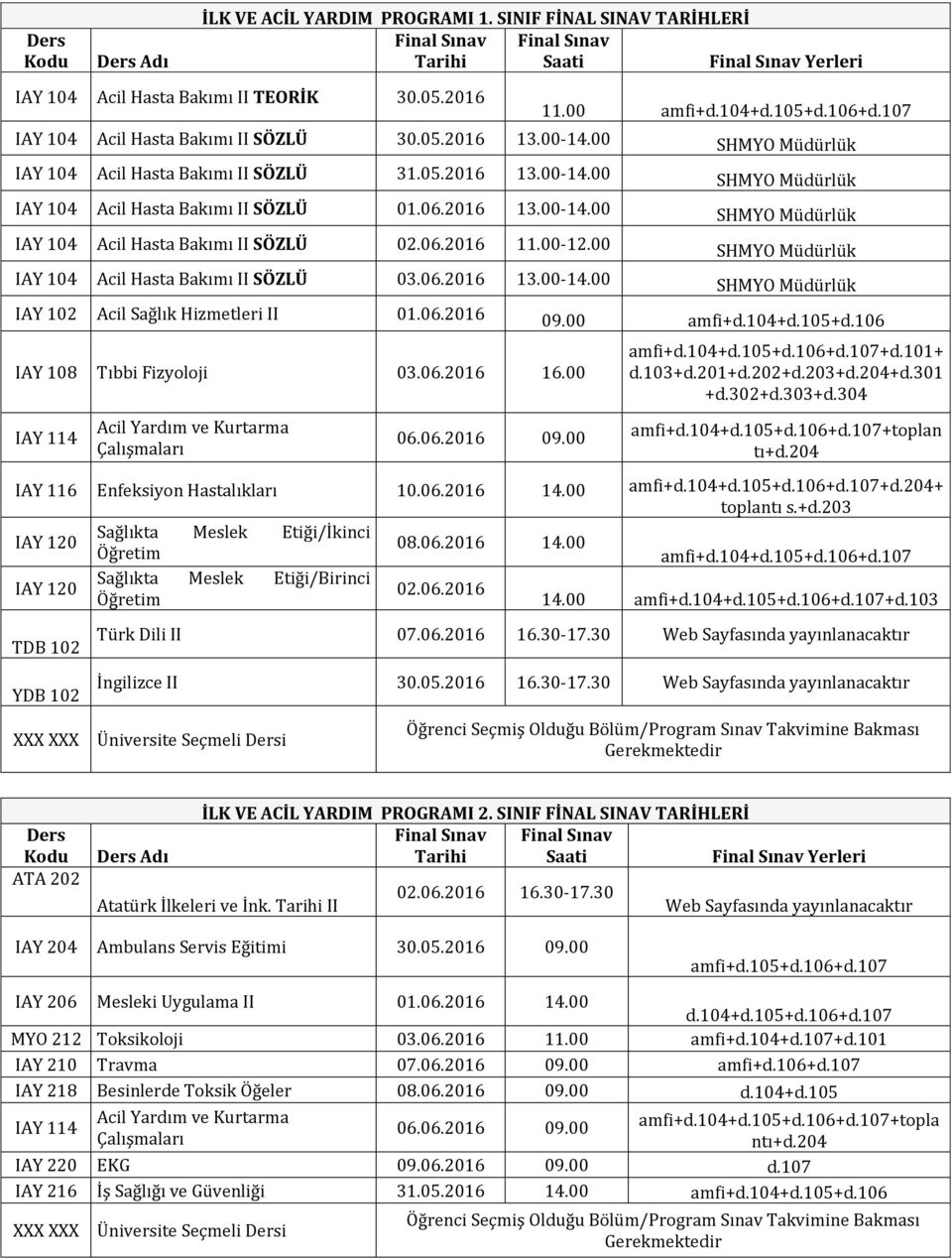 06.2016 11.00-12.00 SHMYO Müdürlük IAY 104 Acil Hasta Bakımı II SÖZLÜ 03.06.2016 13.00-14.00 SHMYO Müdürlük IAY 102 Acil Sağlık Hizmetleri II 01.06.2016 09.00 amfi+d.104+d.105+d.