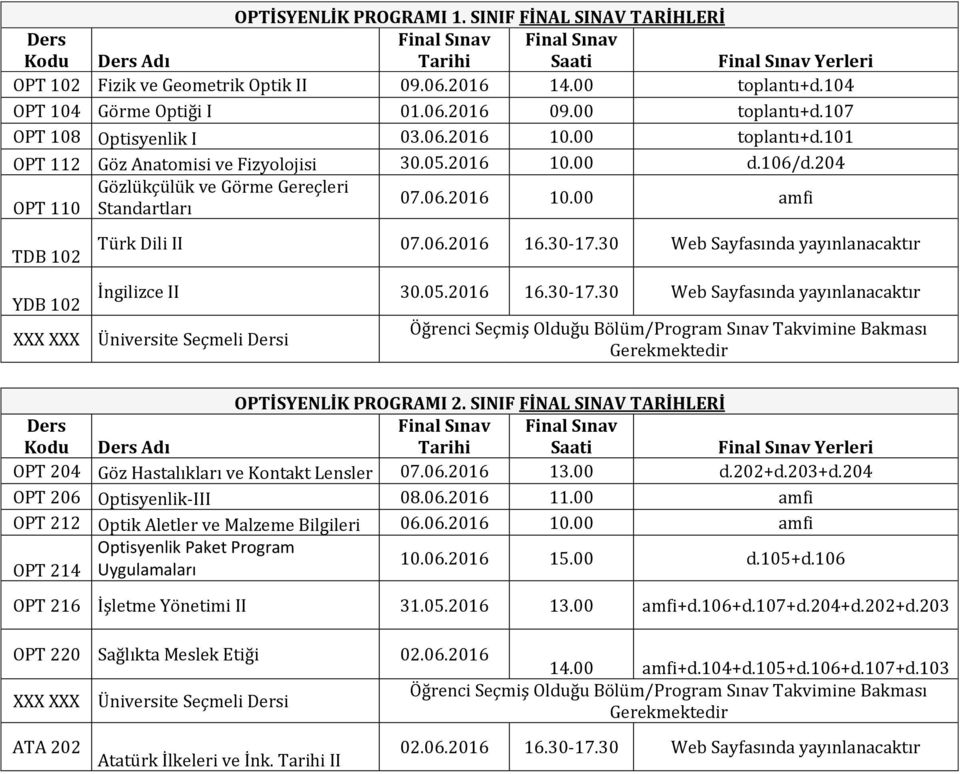 SINIF FİNAL SINAV TARİHLERİ Adı Yerleri OPT 204 Göz Hastalıkları ve Kontakt Lensler 07.06.2016 13.00 d.202+d.203+d.204 OPT 206 Optisyenlik-III 08.06.2016 11.