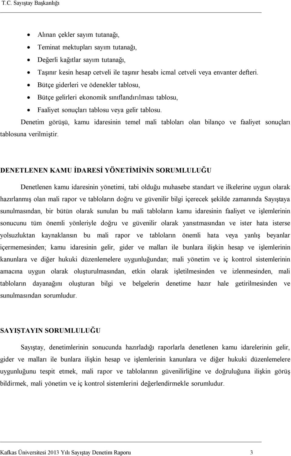 Denetim görüşü, kamu idaresinin temel mali tabloları olan bilanço ve faaliyet sonuçları tablosuna verilmiştir.