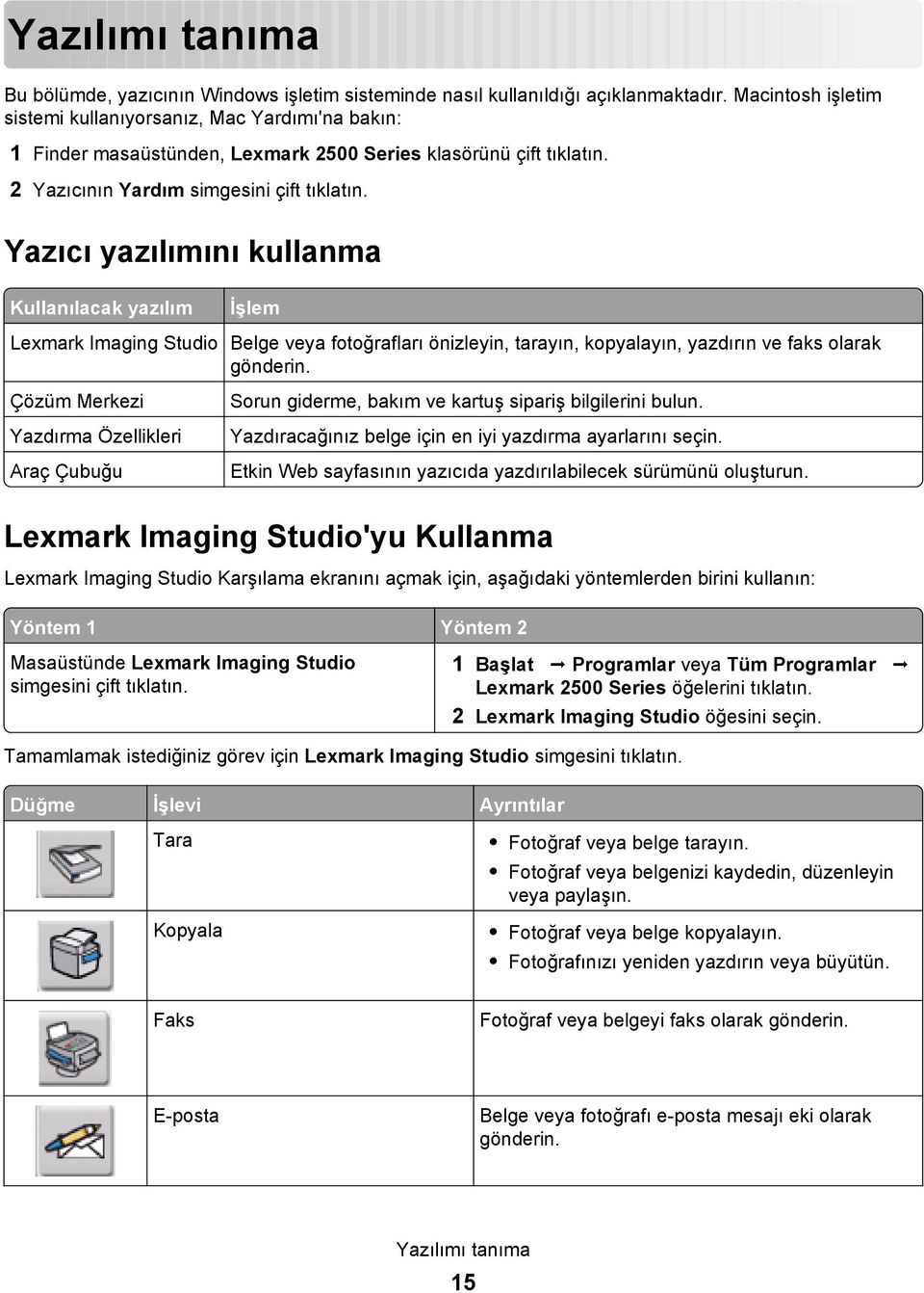 Yazıcı yazılımını kullanma Kullanılacak yazılım İşlem Lexmark Imaging Studio Belge veya fotoğrafları önizleyin, tarayın, kopyalayın, yazdırın ve faks olarak gönderin.