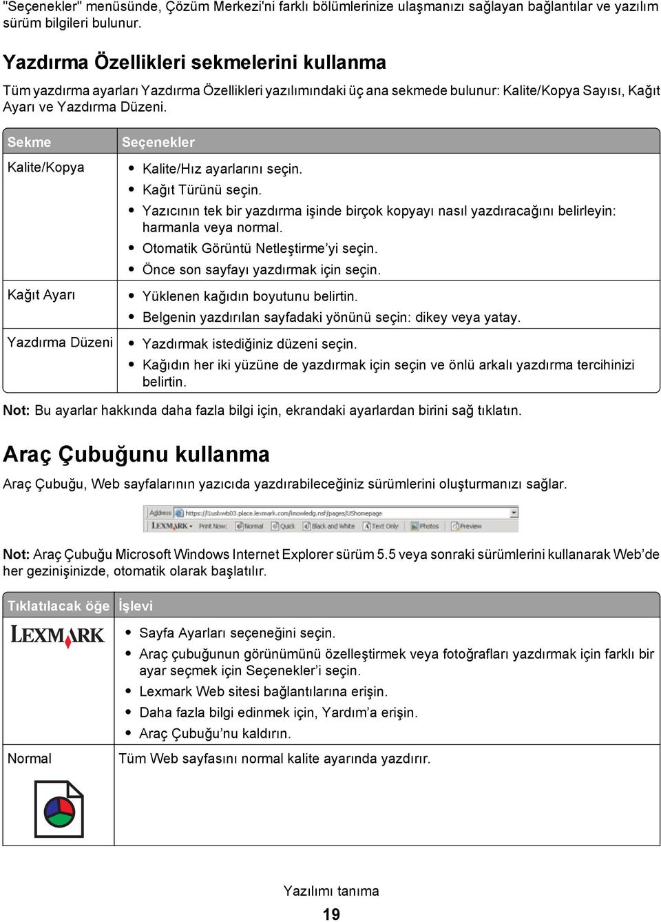 Sekme Kalite/Kopya Kağıt Ayarı Yazdırma Düzeni Seçenekler Kalite/Hız ayarlarını seçin. Kağıt Türünü seçin.