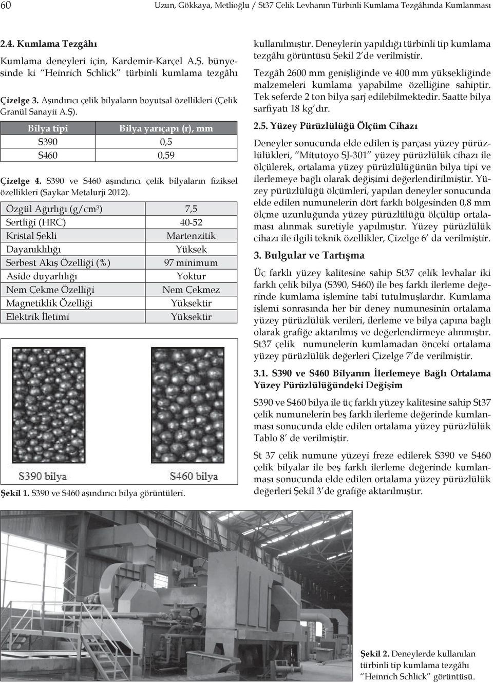 Bilya tipi Bilya yarıçapı (r), mm S390 0,5 S460 0,59 Çizelge 4. S390 ve S460 aşındırıcı çelik bilyaların fiziksel özellikleri (Saykar Metalurji 2012).